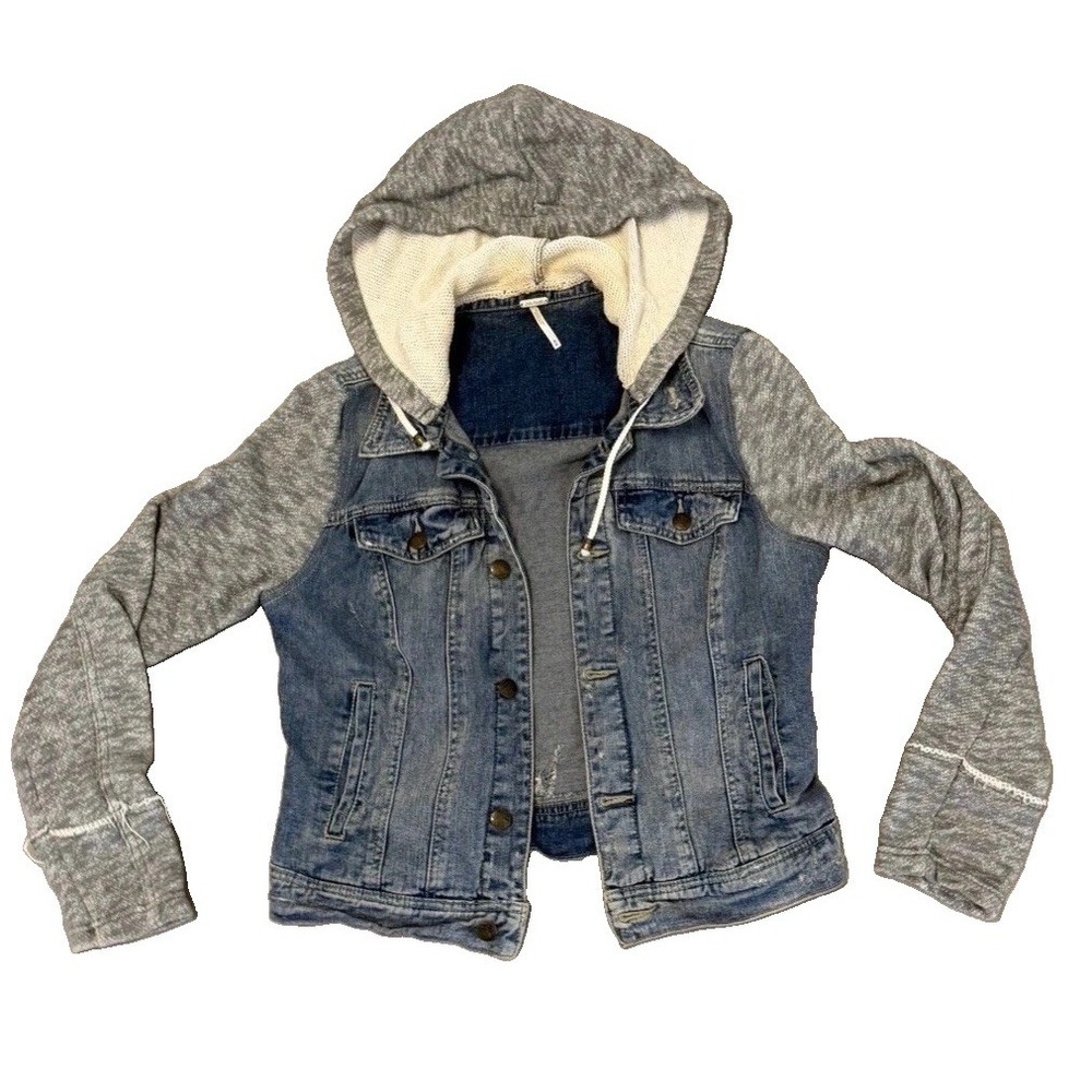 Free People M Denim Jacket Gray Knit Sleeves Hooded Distressed Boho Grunge